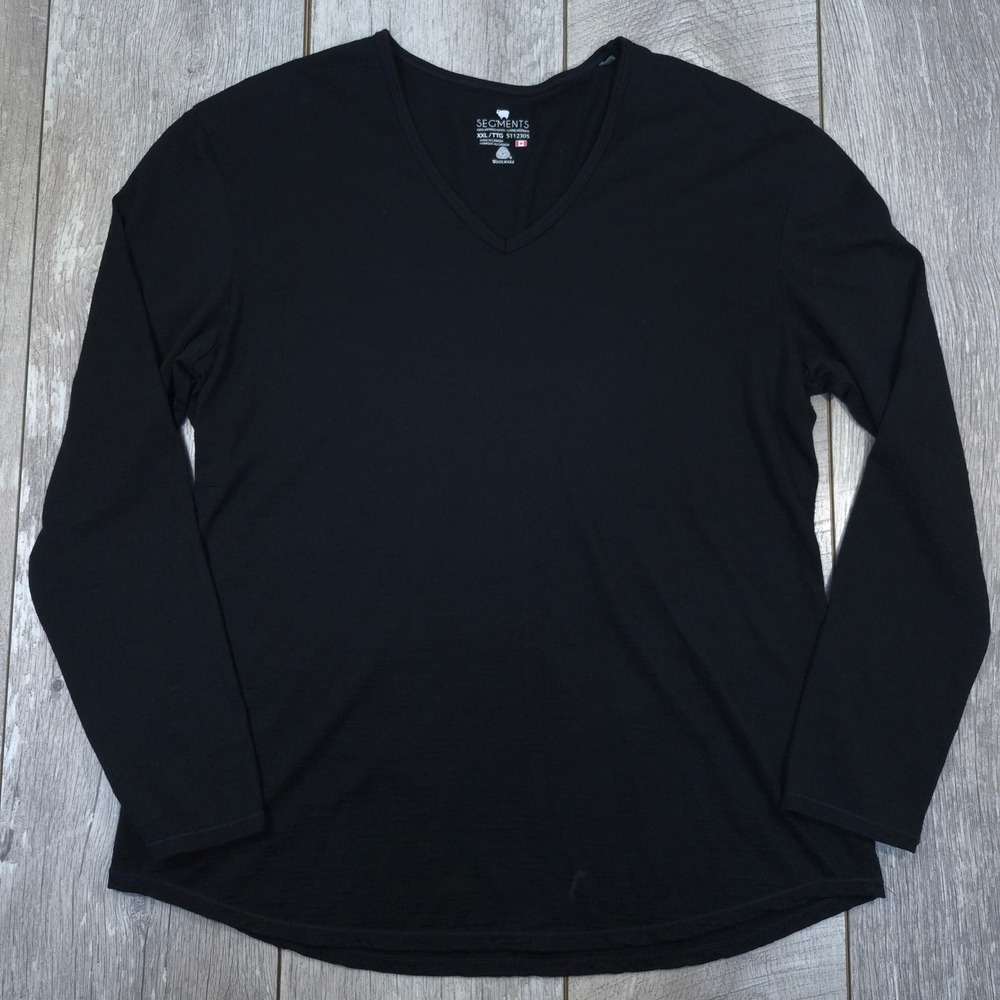 Segments V-Neck Top Women XXL Black 100% Merino Wool Long Sleeve Curved Hem